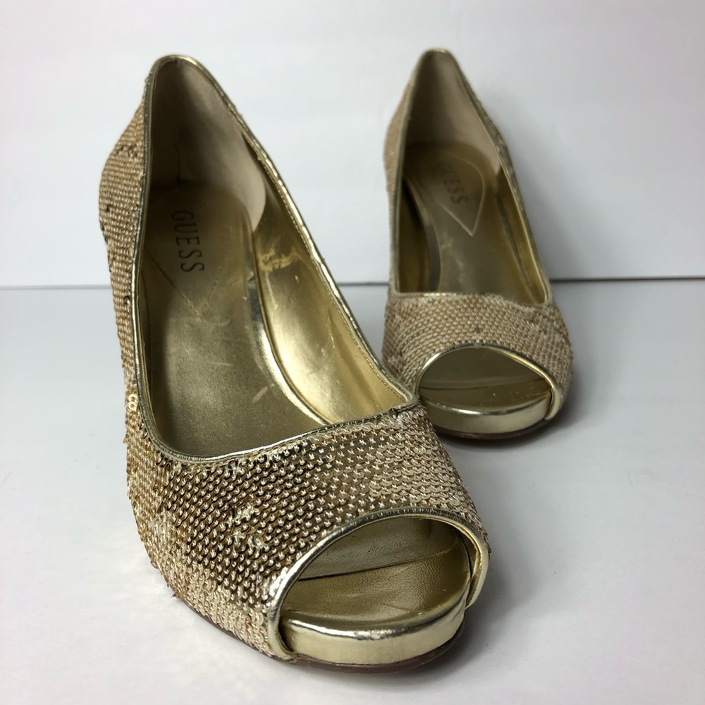 Guess Gold Sequin Peep Toe Party Stiletto Heels